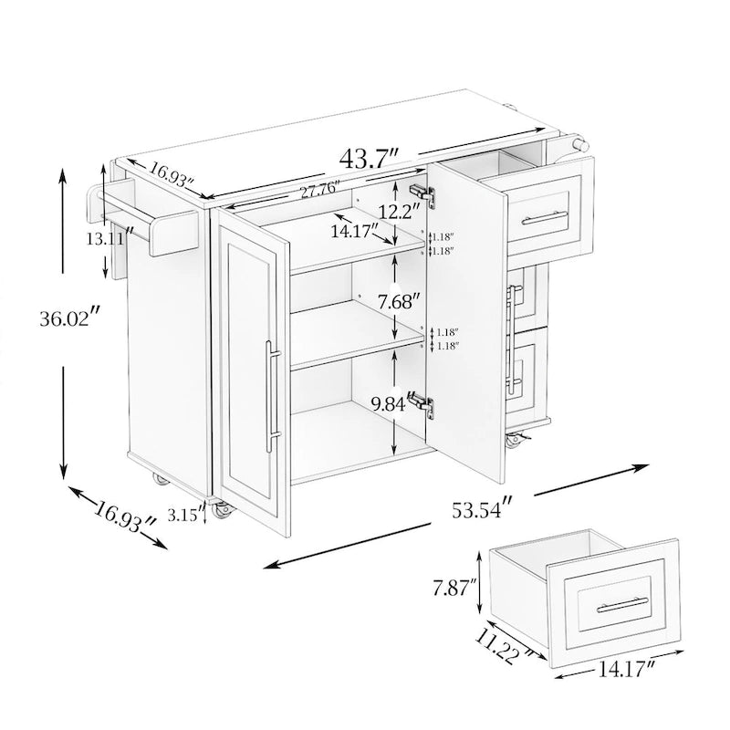Rolling Kitchen Island with Solid Wood Drop-Leaf Top and Storage