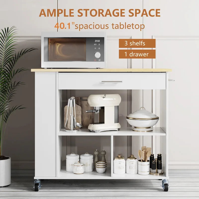 Rolling Kitchen Island with Large Worktop and Storage