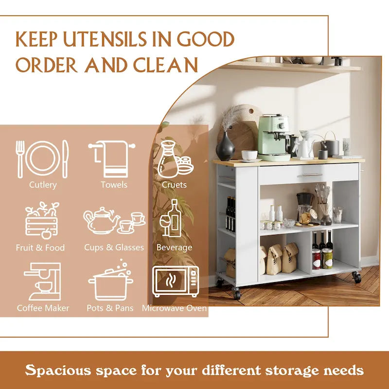 Rolling Kitchen Island with Large Worktop and Storage