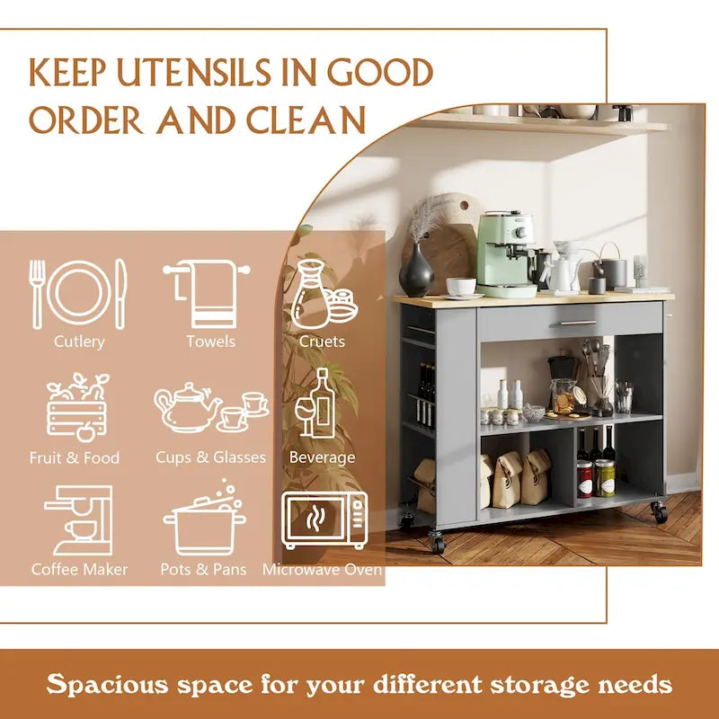 Rolling Kitchen Island with Large Worktop and Storage