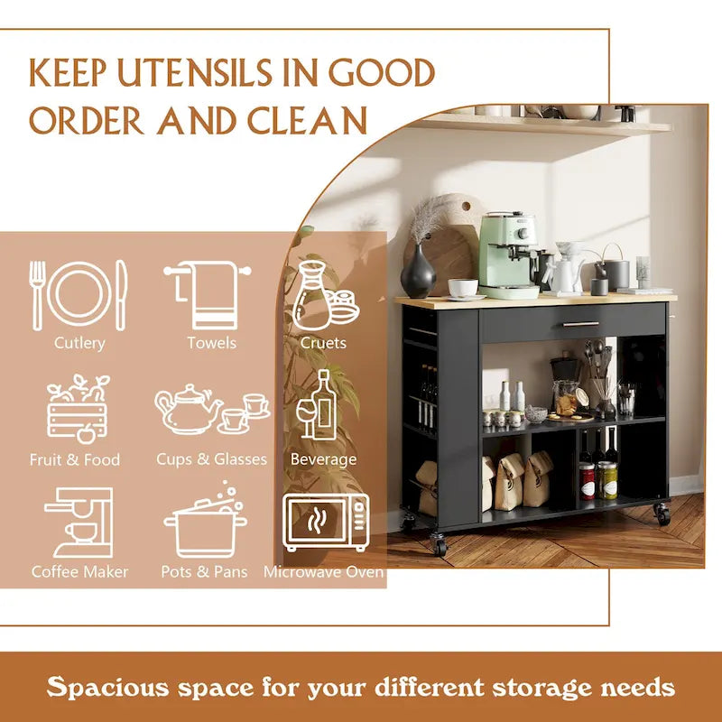 Rolling Kitchen Island with Large Worktop and Storage