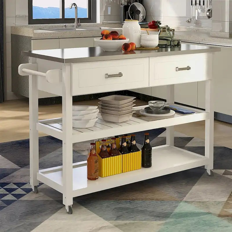 Merax Stainless Steel Table Top White Kicthen Cart With Two Drawers