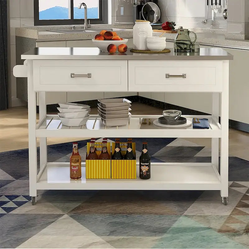 White Kitchen Cart with Stainless Steel Top and Two Drawers