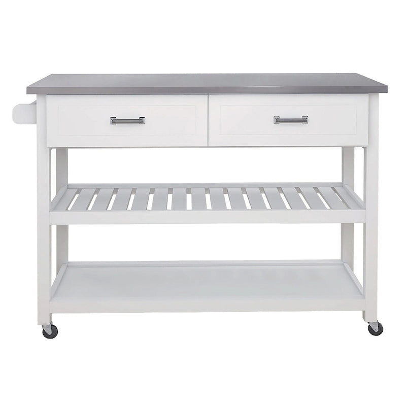 White Kitchen Cart with Stainless Steel Top and Two Drawers
