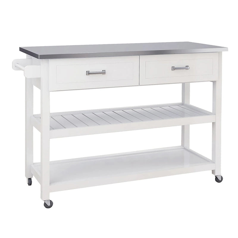 White Kitchen Cart with Stainless Steel Top and Two Drawers