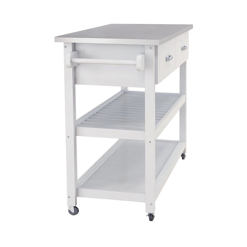 White Kitchen Cart with Stainless Steel Top and Two Drawers
