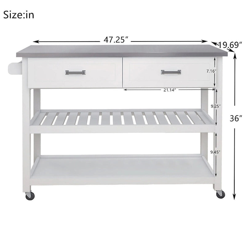 White Kitchen Cart with Stainless Steel Top and Two Drawers