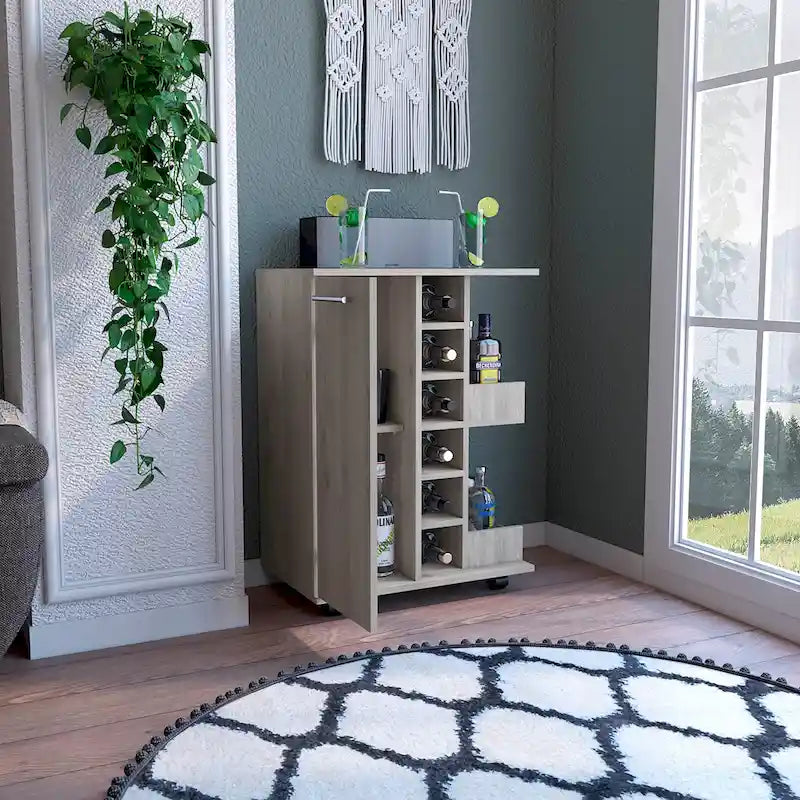 Wooden Bar Cart with Wine Rack and Storage Cabinet
