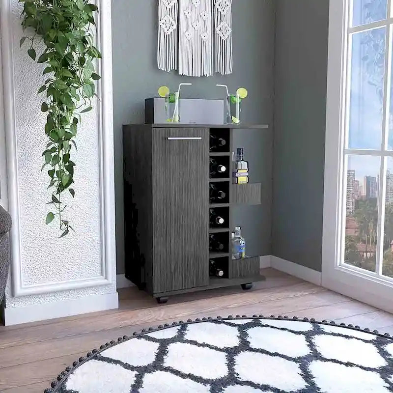 Wooden Bar Cart with Wine Rack and Storage Cabinet