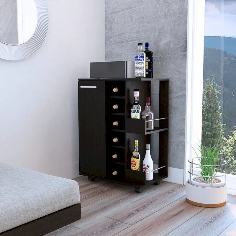 Wooden Bar Cart with Wine Rack and Storage Cabinet