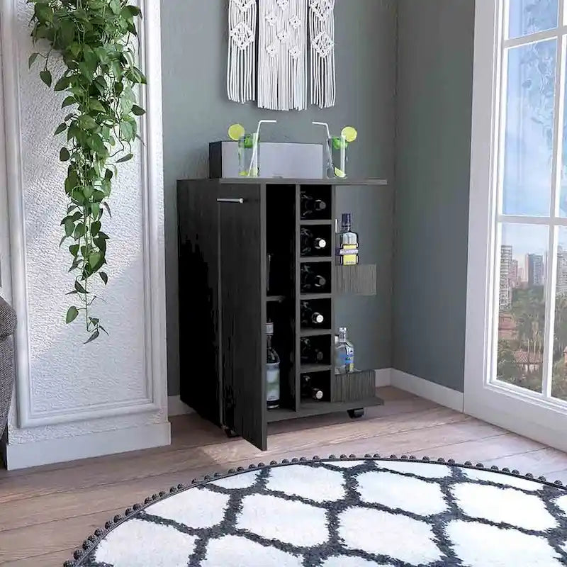 Wooden Bar Cart with Wine Rack and Storage Cabinet