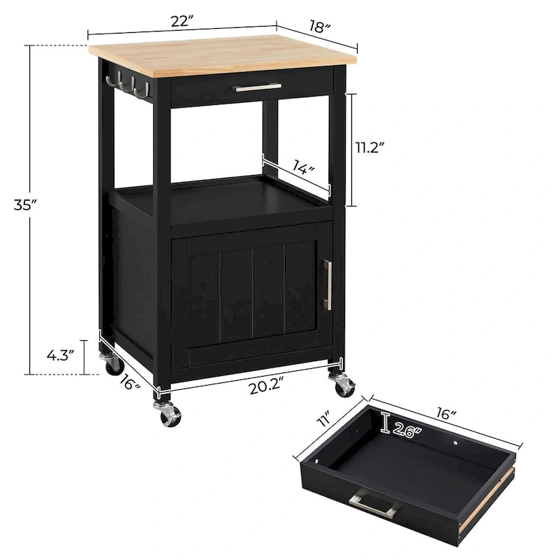 Black Rolling Kitchen Cart with Drawer and Storage Shelf