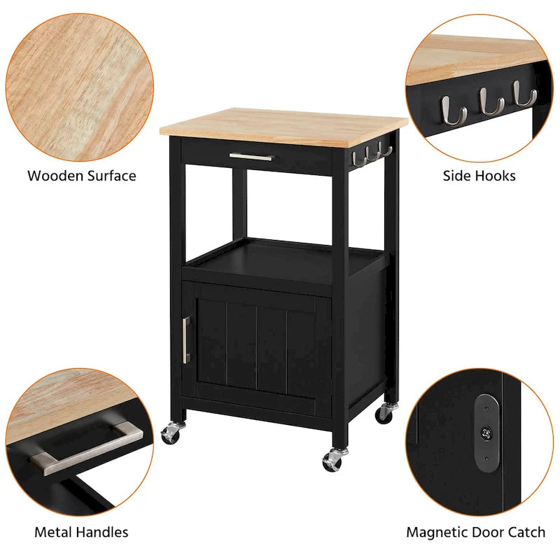 Black Rolling Kitchen Cart with Drawer and Storage Shelf