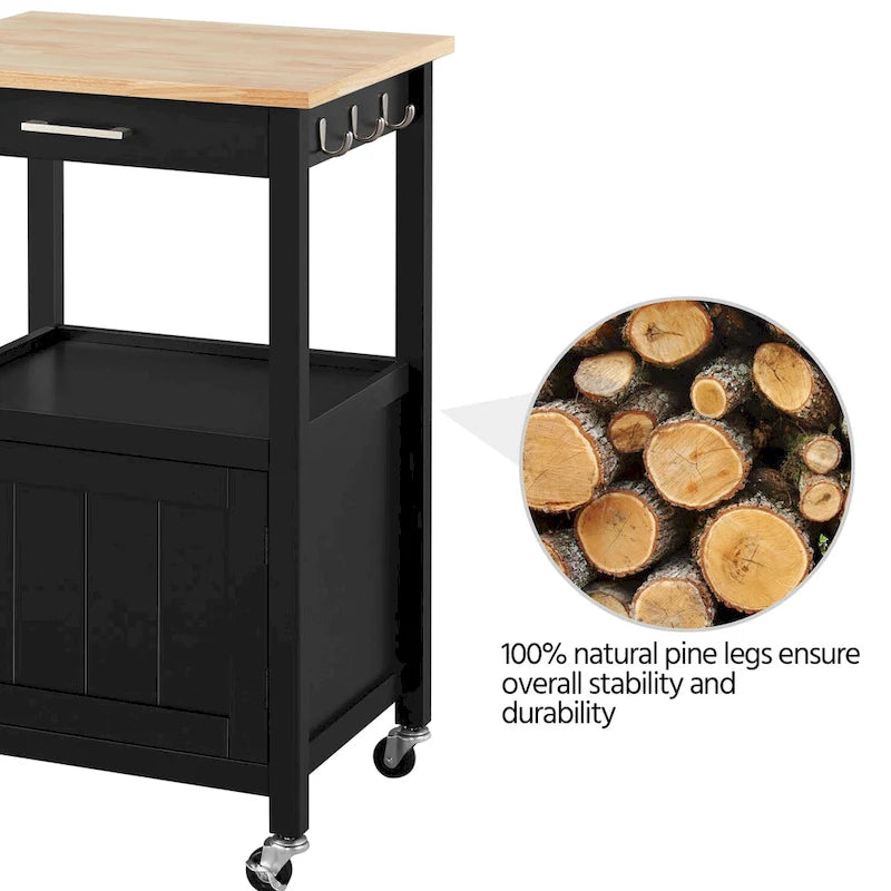 Black Rolling Kitchen Cart with Drawer and Storage Shelf