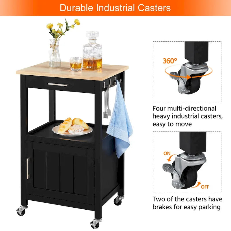 Black Rolling Kitchen Cart with Drawer and Storage Shelf