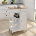 White Rolling Kitchen Cart with Wood Top and Towel Rack
