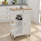 Carrito de cocina blanco con ruedas, superficie de madera y toallero