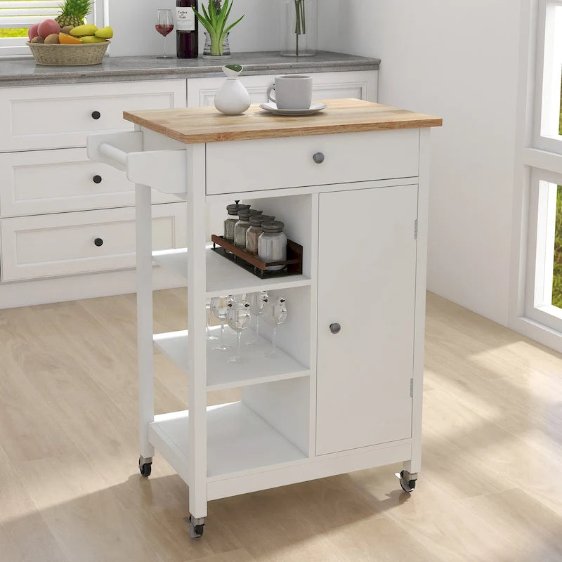 White Rolling Kitchen Cart with Wood Top and Towel Rack