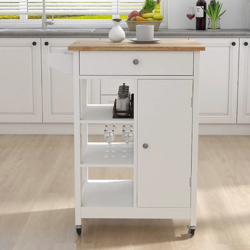 White Rolling Kitchen Cart with Wood Top and Towel Rack