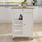 Carrito de cocina blanco con ruedas, superficie de madera y toallero