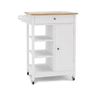 Carrito de cocina blanco con ruedas, superficie de madera y toallero
