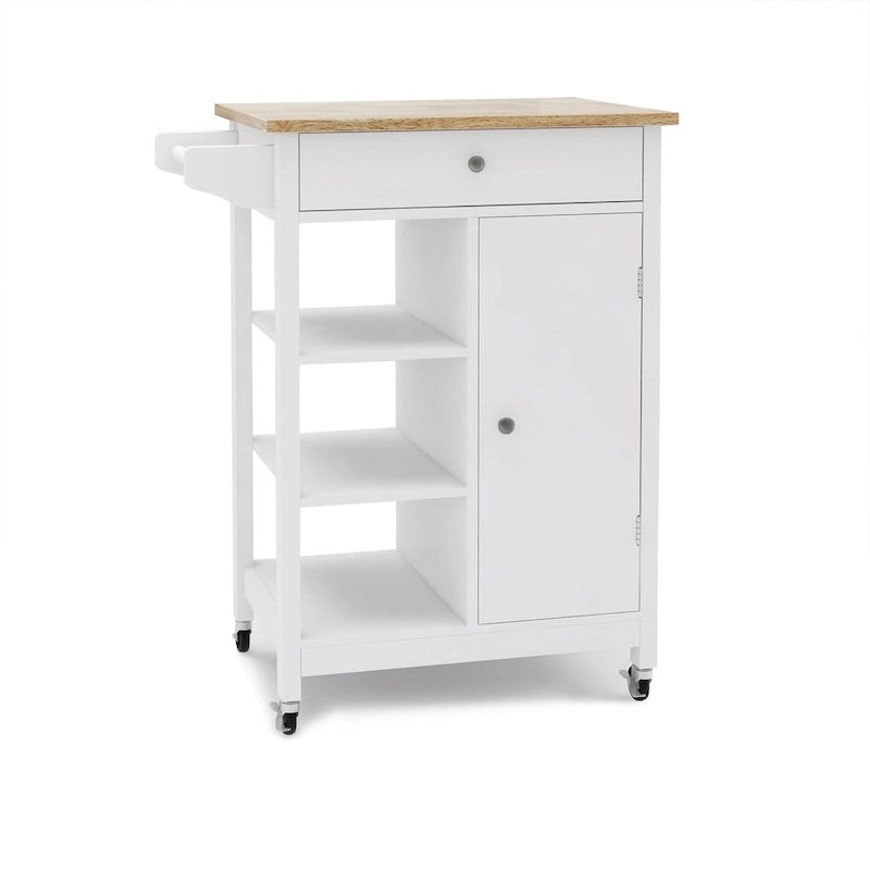 White Rolling Kitchen Cart with Wood Top and Towel Rack
