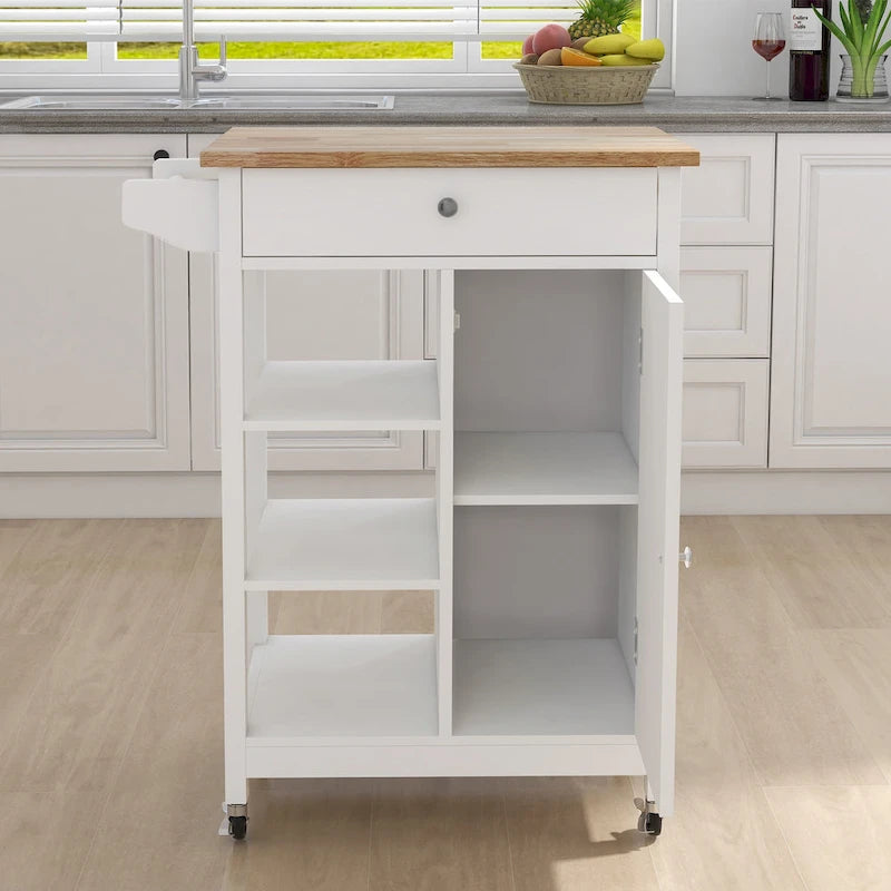White Rolling Kitchen Cart with Wood Top and Towel Rack