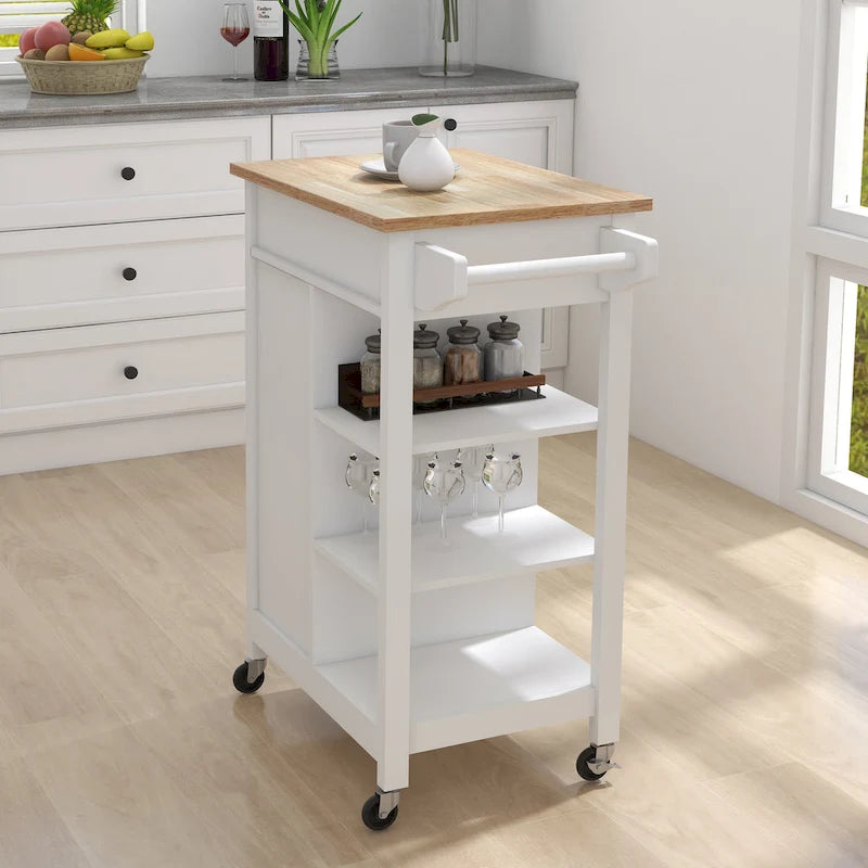 White Rolling Kitchen Cart with Wood Top and Towel Rack