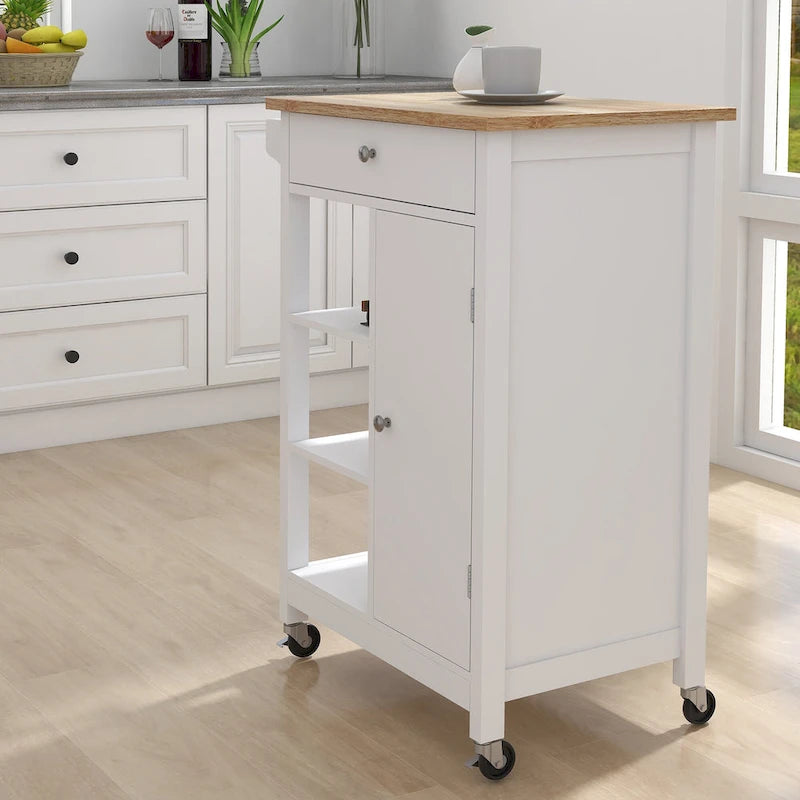 White Rolling Kitchen Cart with Wood Top and Towel Rack