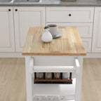 Carrito de cocina blanco con ruedas, superficie de madera y toallero