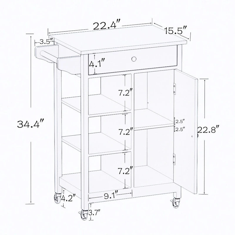 White Rolling Kitchen Cart with Wood Top and Towel Rack