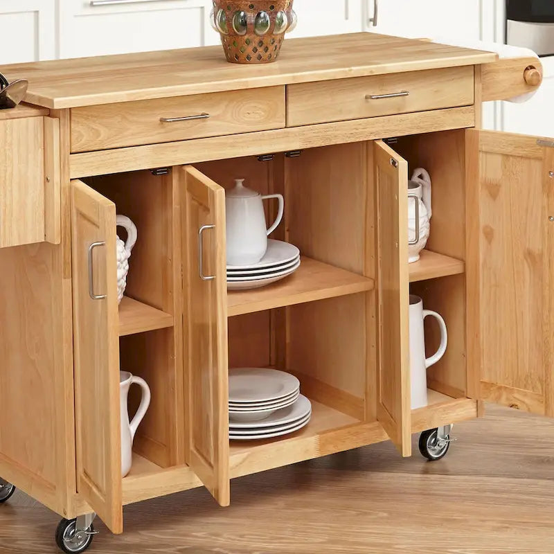 Brown Wood Kitchen Cart with Drawers and Cabinets