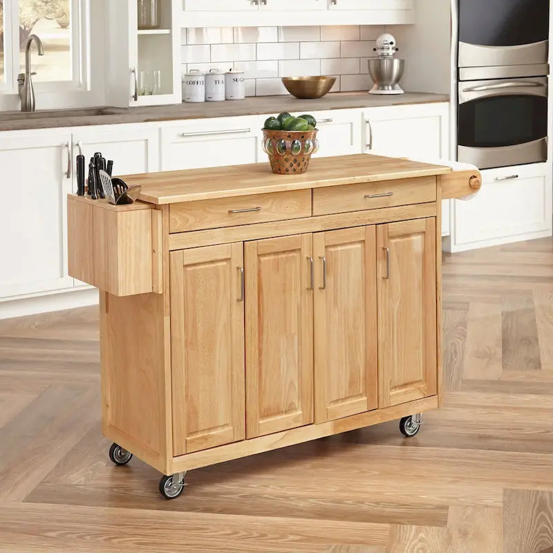 Brown Wood Kitchen Cart with Drawers and Cabinets