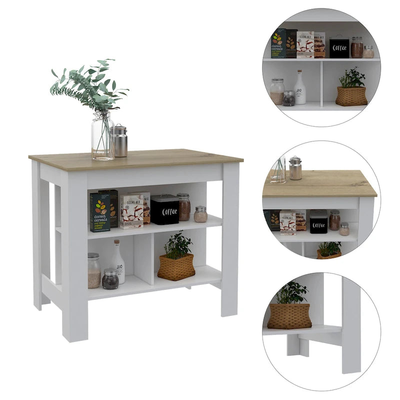 3-Shelf Kitchen Island with Pine Wood Top