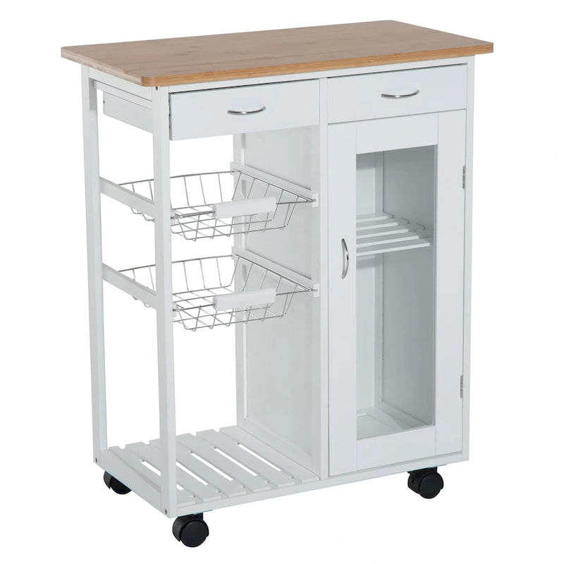 White Rolling Kitchen Cart with Bamboo Butcher Block Top