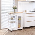 Carrito de cocina blanco con ruedas y superficie de bloque de carnicero de bambú