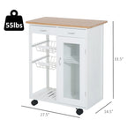Carrito de cocina blanco con ruedas y superficie de bloque de carnicero de bambú