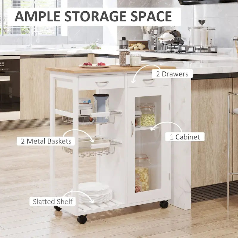 White Rolling Kitchen Cart with Bamboo Butcher Block Top