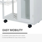 Carrito de cocina blanco con ruedas y superficie de bloque de carnicero de bambú