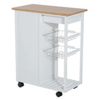 Carrito de cocina blanco con ruedas y superficie de bloque de carnicero de bambú