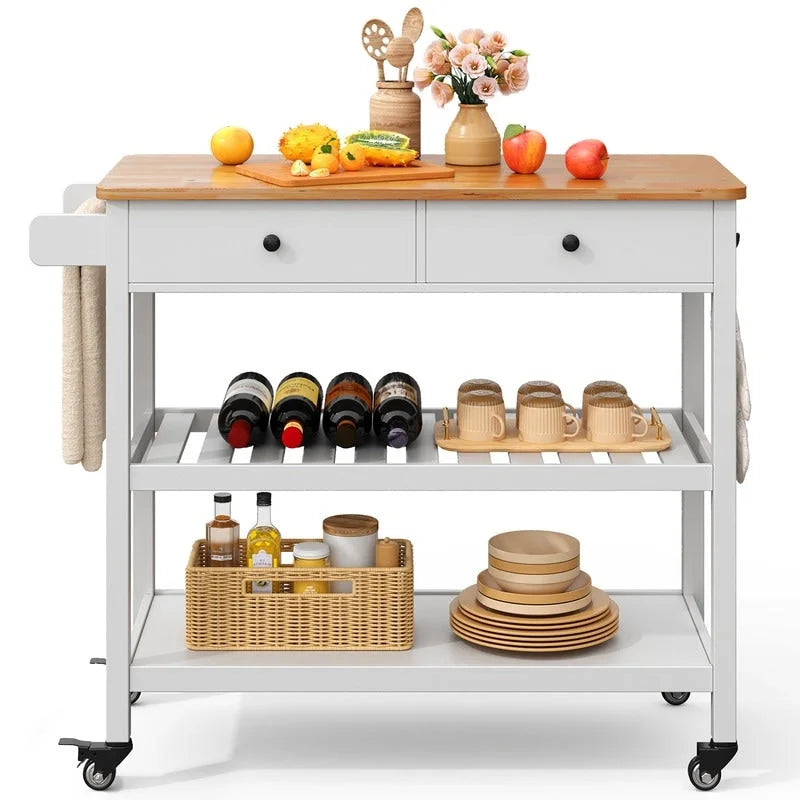 Rolling Kitchen Island Cart with 2 Drawers and Open Shelves