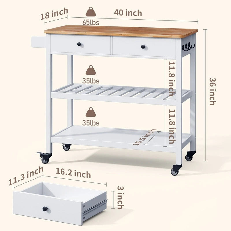 Rolling Kitchen Island Cart with 2 Drawers and Open Shelves