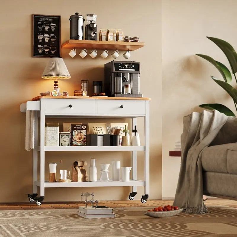 Rolling Kitchen Island Cart with 2 Drawers and Open Shelves