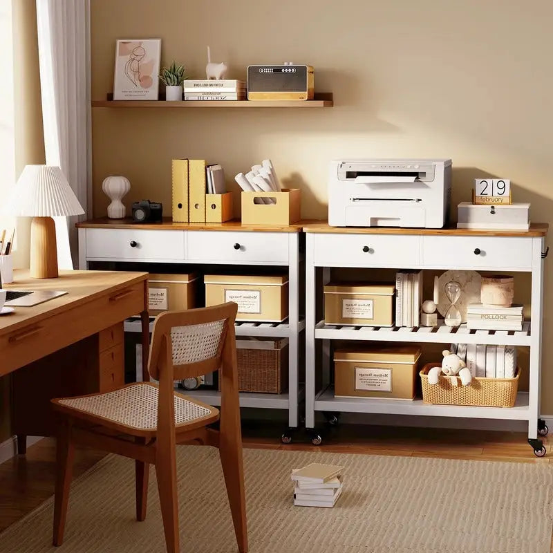 Rolling Kitchen Island Cart with 2 Drawers and Open Shelves