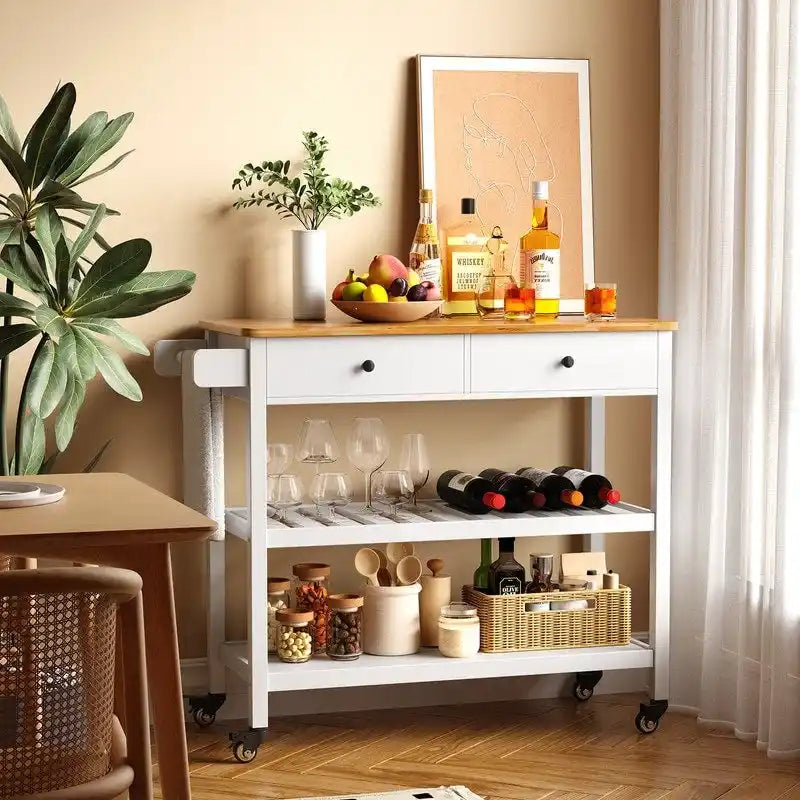 Rolling Kitchen Island Cart with 2 Drawers and Open Shelves