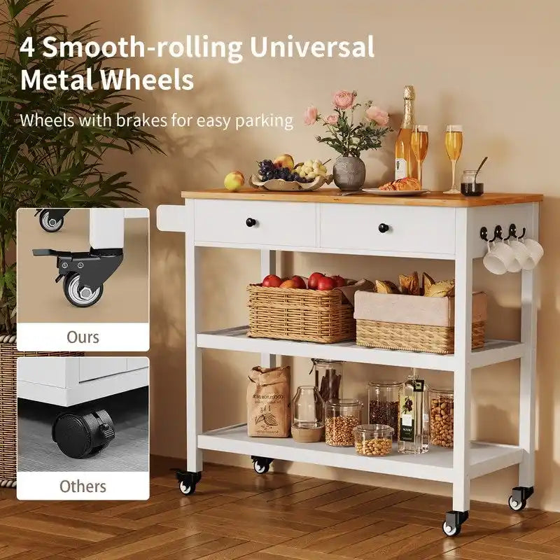 Rolling Kitchen Island Cart with 2 Drawers and Open Shelves