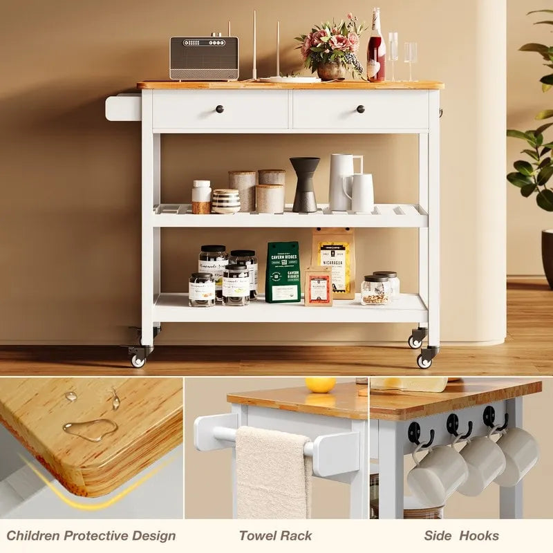 Rolling Kitchen Island Cart with 2 Drawers and Open Shelves