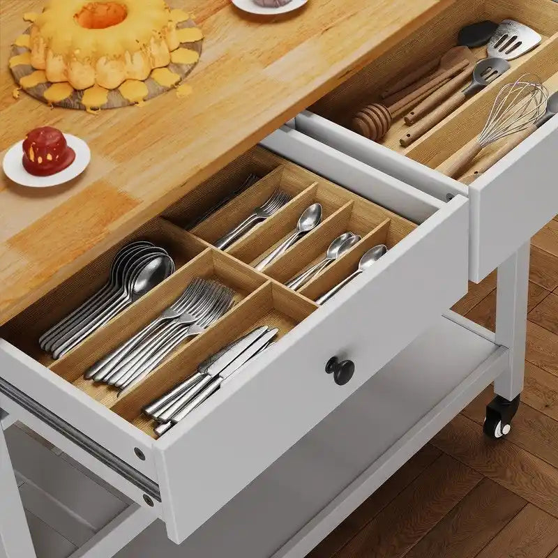 Rolling Kitchen Island Cart with 2 Drawers and Open Shelves