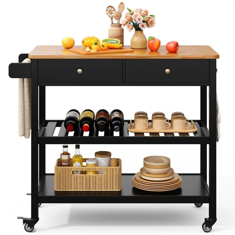 Rolling Kitchen Island Cart with 2 Drawers and Open Shelves