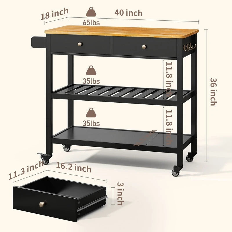 Rolling Kitchen Island Cart with 2 Drawers and Open Shelves